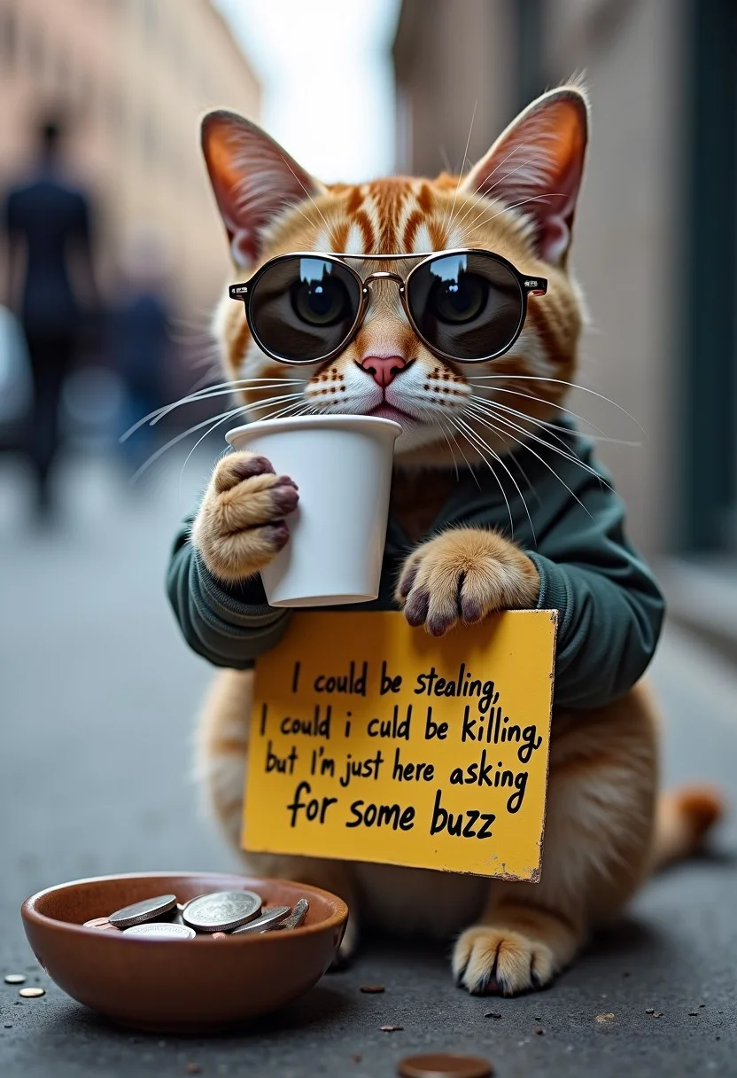 A cat holding a cup in front of him, cat is homeless and dirty, streets, city, cat is wearing round sun glasses, on the ground there's a bowl with some coins, close to the cat there's a sign that says: "I could be stealing, i could be killing, but i'm just here asking for some buzz"