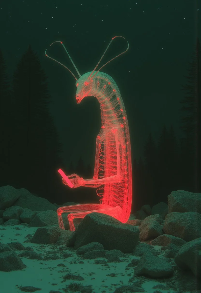 x-ray, close-up photograph of an anthropomorphic mantis dude sitting on a rock with his phone, night, green wall forest, overcast, starry sky, flickering snowflakes, glowing red snow