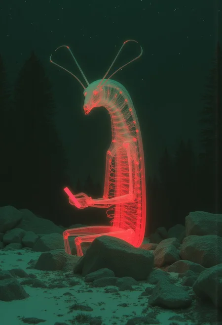 x-ray, close-up photograph of an anthropomorphic mantis dude sitting on a rock with his phone, night, green wall forest, overcast, starry sky, flickering snowflakes, glowing red snow