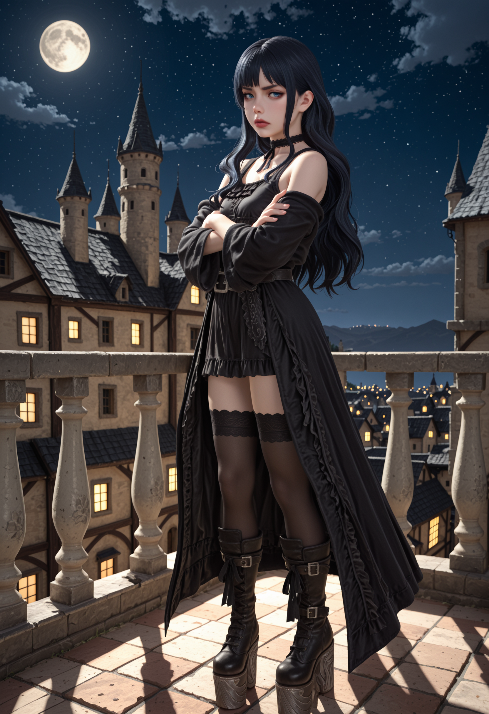 masterpiece, very awa, best quality, amazing quality, very aesthetic, absurdres, newest, intricate details, <lora:cfg_scale_boost:.3>, <lora:Gaia_XIV:1> gaia_xiv, blue eyes, lips, black hair, black dress, boots, choker, belt, black thighhighs, bare shoulders, off shoulder, detached sleeves, platform footwear,, full body, 1girl, night sky, full moon, looking down, standing, looking at viewer, glaring, crossed arms, disgust,  castle, balcony, gaia_xiv, blue eyes, lips, black hair, black dress, boots, choker, belt, black thighhighs, bare shoulders, off shoulder, detached sleeves, platform footwear, feet apart, looking to the side, rural, medieval cityscape,