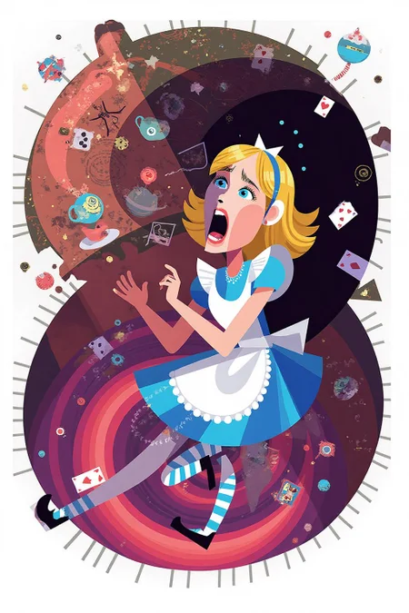 This is a digital drawing in a stylized, cartoonish manner. Overhead view of Alice in Wonderland falling into the rabbit hole, with her legs dangling beneath her. She is looking upward, her face filled with shock and terror as she screams. Her blue dress and white apron billow out around her as she tumbles, while her striped stockings and black shoes are visible below. The rabbit hole is a swirling, chaotic mix of vibrant colors, playing cards, teacups, and other Wonderland objects floating around her. Soft glowing light emanates from the tunnel walls, adding an eerie, fantastical feel to the scene. The sense of motion and fear is palpable as Alice falls deeper into the unknown. The background is stark white. <lora:palo1_cap_d6a3e12:1.0><lora:821379119452310415:0>