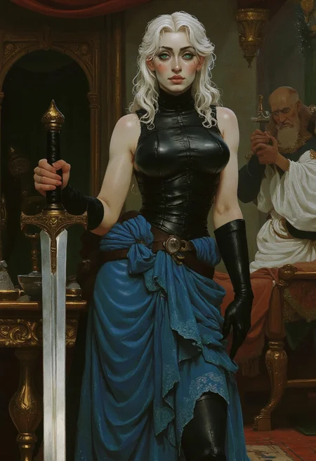 19th century Victorian oil painting by Ernest Normand art by incase of a (fierce feral) grey ahir older woman posing with large sword. sun beam. green eyes, wearing a black leather breastplate over a ragged blue dress. pinup art. dark background, hkstyle