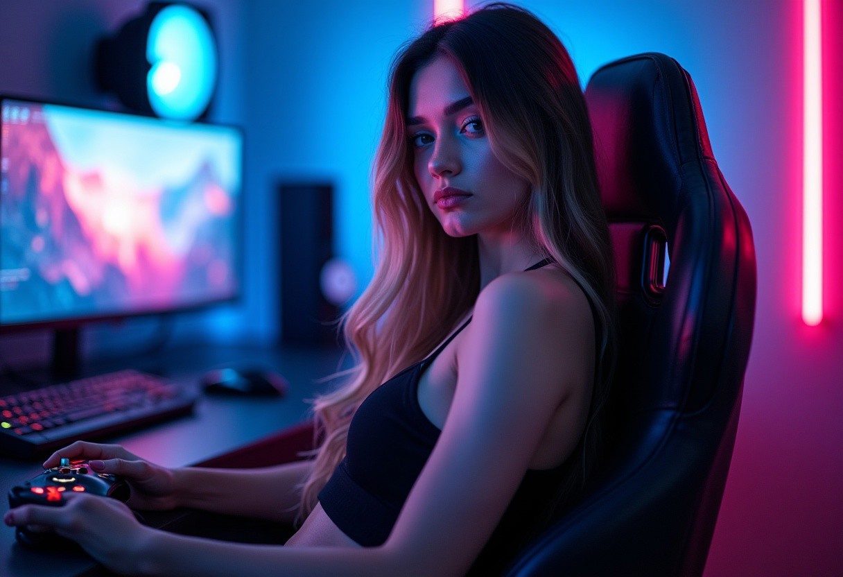 Create a highly detailed and visually stunning photograph of a beautiful female gamer in her late 20s, with a slim and athletic build. She is sitting confidently in a high-tech gaming chair, surrounded by a vibrant, futuristic gaming setup with neon lights illuminating the scene. The background features glowing screens and gaming equipment, casting a soft blue and pink glow on her. Her long, flowing hair is styled elegantly, and she’s wearing a sleek, futuristic outfit that subtly accentuates her figure. Her face shows focus and determination as she grips a high-end gaming controller, her striking eyes glowing with the light from the screens. The lighting should enhance her beauty, with deep shadows and high-contrast reflections highlighting her sharp features and the glossy texture of the gaming setup. The overall scene should feel dynamic, modern, and slightly sensual, capturing the intensity and allure of a top-tier gamer in action.