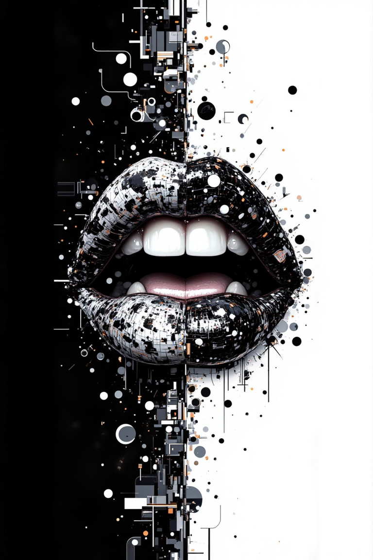 aidmafluxpro1.1.
Silhouette of lips, mouth slightly open with visible teeth, minimalist style, black and white, glitch art in the style of a halftone print artwork