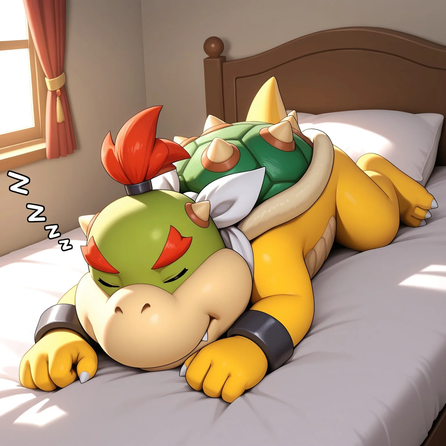 1boy, 2d, solo, Bowserjr, male, ponytail, red hair, no sclera, dot eyes, red eyebrows, black pupils, shelled, green spiked shell, small tail, neckerchief, black bracelets, scalie, yellow skin, green head, claws, toe claws, 3 toes, small horns,
BREAK lying on bed, on front, on stomach, lying down, snoring, ZZZ, drool, indoors, bedroom, pillow, (eyes closed), sleeping, three-quarter_view
BREAK best quality, amazing quality, very aesthetic, absurdres, newest, masterpiece