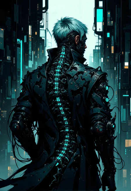 high detail, lots of detailed details, masterpiece, rich image, perfect shadow, stylish, modern, high-definition, cyberpunk, science fiction. The image is a digital illustration in style cyberpunk. The subject is a figure from behind, depicted in a futuristic, sci-fi aesthetic. The picture shows a man wearing a high-tech long coat with separated coattails and neon lights that shimmer with bright blue shades. The coat is decorated with an elegant dragon pattern and a high collar. The character's hair resembles an undercut haircut, that is painted white. Her hair is decorated with intricate glowing patterns that emphasize the cyberpunk theme. The skin of the figure is partially cybernetic, with visible glowing pulsating veins and electrical circuits, especially on the back, running along the spine. The implant is clearly visible on his back. Segmented spine with blue indicators on each individual vertebra. Each segment is covered with metal plastic with aggressive angular edges. The implanted spine sends a multitude of nerves and veins through the body that give off a blue glow, suggesting advanced cybernetic integration or a merger of biotechnologies. The background is mirrored skyscrapers and holograms. <lora:digital-abyss:0.5> , <lora:bo-cyborgsplash:0.7> , <lora:ck-nc-pastel-cyberpunk:0.5> , <lora:Blade Runner style v1:0.7> Blade Runner style, <lora:FLUX-daubrez-DB4RZ-v2:0.85> , <lora:Neon_Cyberpunk_Splash_Art_FLUX:0.8> ,
