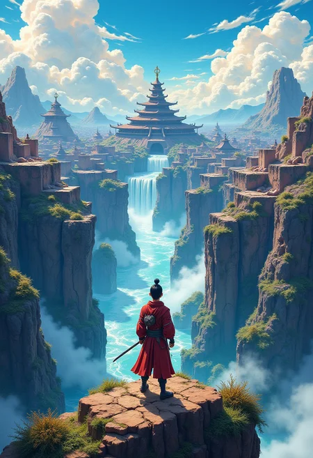 young samurai stands poised at the edge of a breathtaking, epic cliff landscape, with a sprawling anime-style cityscape unfolding in the distance, reminiscent of Studio Ghibli's fantastical world-building, where ornate filigree accents adorn ancient, weathered stone structures, set against a backdrop of vibrant, swirling clouds and majestic, crystalline waterfalls, with meticulous attention to detail and sublime atmospheric depth, evoking the works of Yoshitaka Amano, H.R. Giger, and Hayao Miyazaki, in a vibrant, colorful, and dynamic anime art style with intricate textures and patterns, blending traditional and digital media.
