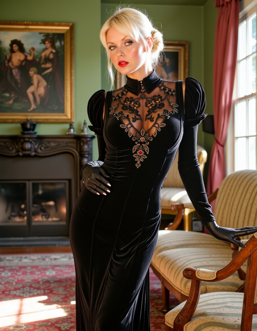 surrealist art Art Nouveau style A beautiful blonde woman wearing a sophisticated, high-collared Victorian gown made of rich, dark velvet and intricate lace. The dress features puffed sleeves and a flowing, floor-length skirt adorned with subtle floral embroidery. Her hair is styled elegantly in a loose bun with delicate curls framing her face. She stands gracefully in a sunlit parlor decorated with ornate furniture and paintings. Soft, natural light enhances the intricate details of her attire and serene expression.
 <lora:Janacovaxhres-grm80vx:1> . elegant, decorative, curvilinear forms, nature-inspired, ornate, detailed . dreamlike, mysterious, provocative, symbolic, intricate, detailed