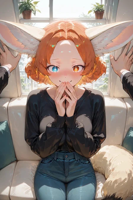 masterpiece, best quality, amazing quality, very aesthetic, absurdres, newest,highres, 1girl, solo focus, <lora:POV_Kabedon__POV_back_against_wall:0.8>, povkabedon, indoors, sitting on sofa, from above, window, plants,
BREAK <lora:Zara_Orange_Illustrious_V1:0.8> Zara Orange, fennec girl, fennec tail, heterochromia eyes, rhombus shaped pupils,(((adult))), short curly hair, bangs, short hair, own hands on mouth, blushing, happy, looking at viewer,
BREAK black sweater,
BREAK masterpiece, best quality, amazing quality, very aesthetic, absurdres, newest, volumetric lighting