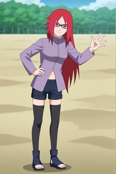 <lora:KarinXL-000020:1>,red hair, 1girl, glasses, long hair, red eyes, solo, long shirt, black thighhighs, black shorts, navel, looking at viewer,medium breasts, long sleeves,  smirk,outdoors , no pupils,standing,hand on own hip,waving,full body, zipper,toeless footwear, 
anime screencap, anime coloring,source_anime,naruto \(series\), naruto shippuuden,