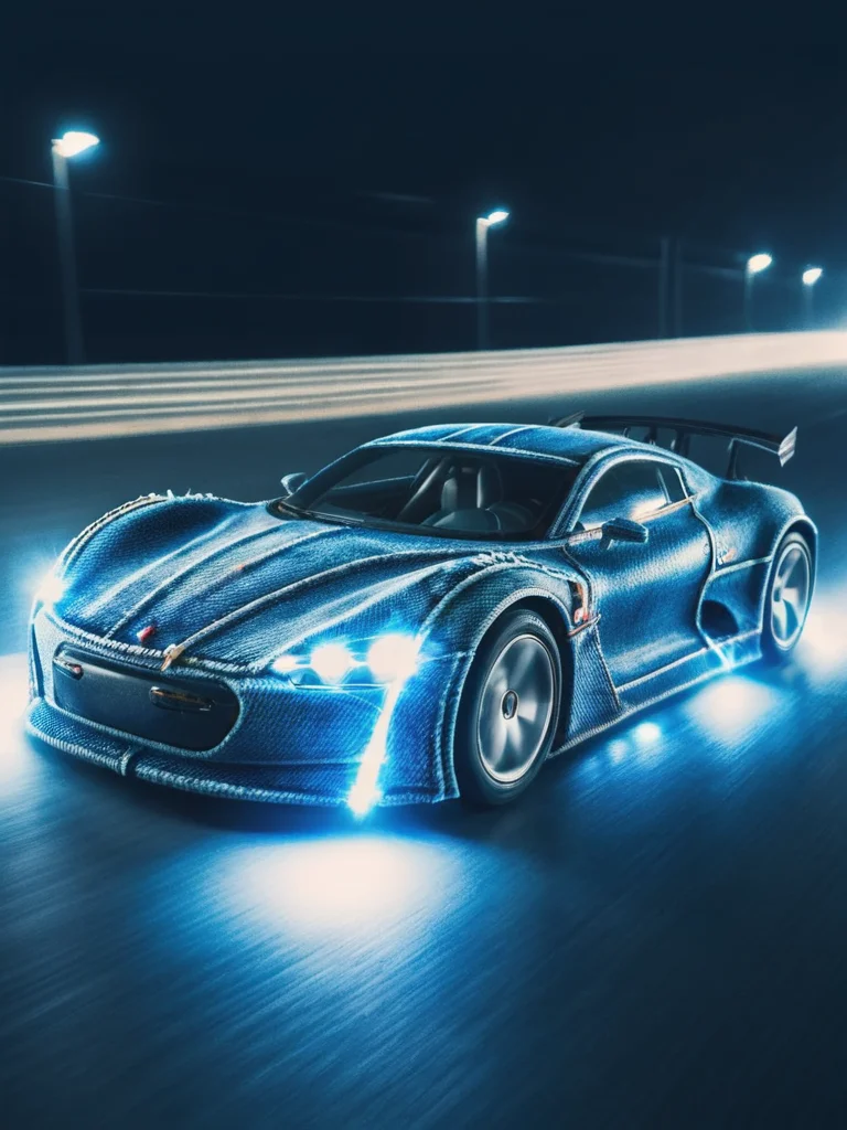 electric super sportscar made out of ral-jeans <lora:ral-jeans-sdxl:1> driving on a racetrack with high speed, long exposure, at night, reflective lights