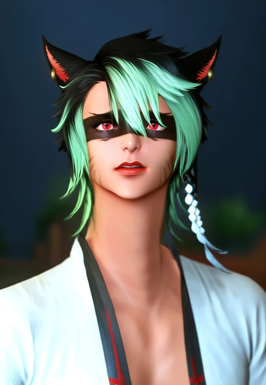 masterpiece, best quality, KrhisT1A, miqo'te, animal ears, facial mark, jewelry, cat ears, earrings, short hair, green hair, two-tone hair, solo, depth of field, multicolored hair, braid, 1boy, red eyes, slit pupils, lips, black hair, solo focus, facepaint