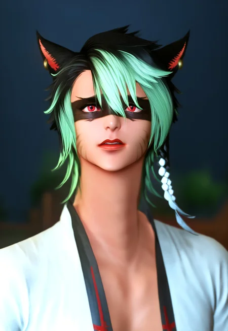masterpiece, best quality, KrhisT1A, miqo'te, animal ears, facial mark, jewelry, cat ears, earrings, short hair, green hair, two-tone hair, solo, depth of field, multicolored hair, braid, 1boy, red eyes, slit pupils, lips, black hair, solo focus, facepaint