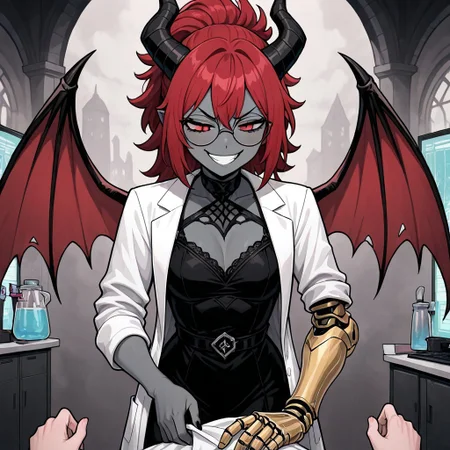 masterpiece, best quality, newest, absurdres, highres, SOPHV2.1, demon girl, grey skin, colored skin, glasses, round eyewear, prosthetic arm, prosthesis, lab coat, dress, black dress, open coat, red hair, horns, black horns, solo, solo focus, wings, demon wings, smug, smile, grin,
