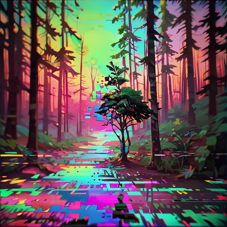 score_9,score_8_up,score_7_up,glitchstyle, <lora:glitch_pony:0.6>,
, glitch, colorful, abstract, surreal,
forest,
