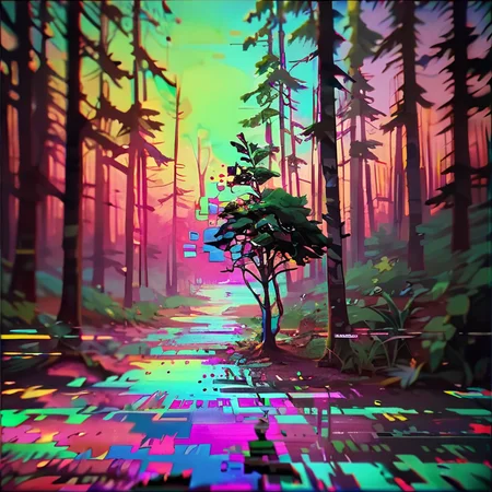 score_9,score_8_up,score_7_up,glitchstyle, <lora:glitch_pony:0.6>,
, glitch, colorful, abstract, surreal,
forest,