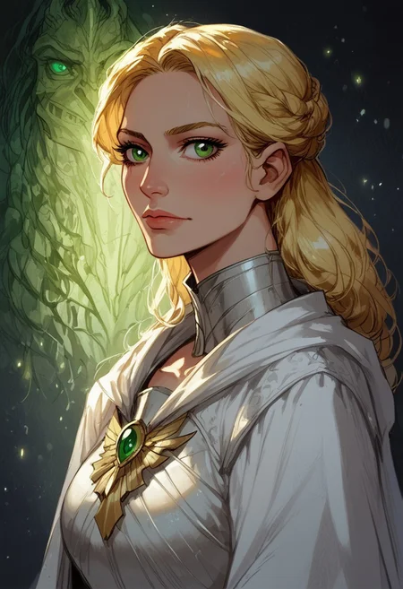 score_9, score_8_up, score_7_up, BREAK, 1woman portrait, dramatic lights ((human, mage, wizzard, soreceress, green eyes, blonde hair, white robe, white toga, white armor, armor))
<lora:Fant5yP0ny:0.6> <lora:fantasy_world_pony:0.9>
<lora:Cherry-Gig:0.55>