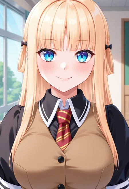masterpiece, best quality, amazing quality, absurdres, 1girl, solo, (portrait:1.2), nanaoww, blue eyes, blonde hair, long hair, straight hair, red striped necktie, black school dress, brown vest, puffy short sleeves, looking at viewer, smile, indoors, day, skindentation, detailed clothing folds, depth of field, sharp, high contrast, dynamic light <lora:Mimasaka_Nanao_Otome_Chibaku_Yuug_ill:0.8>