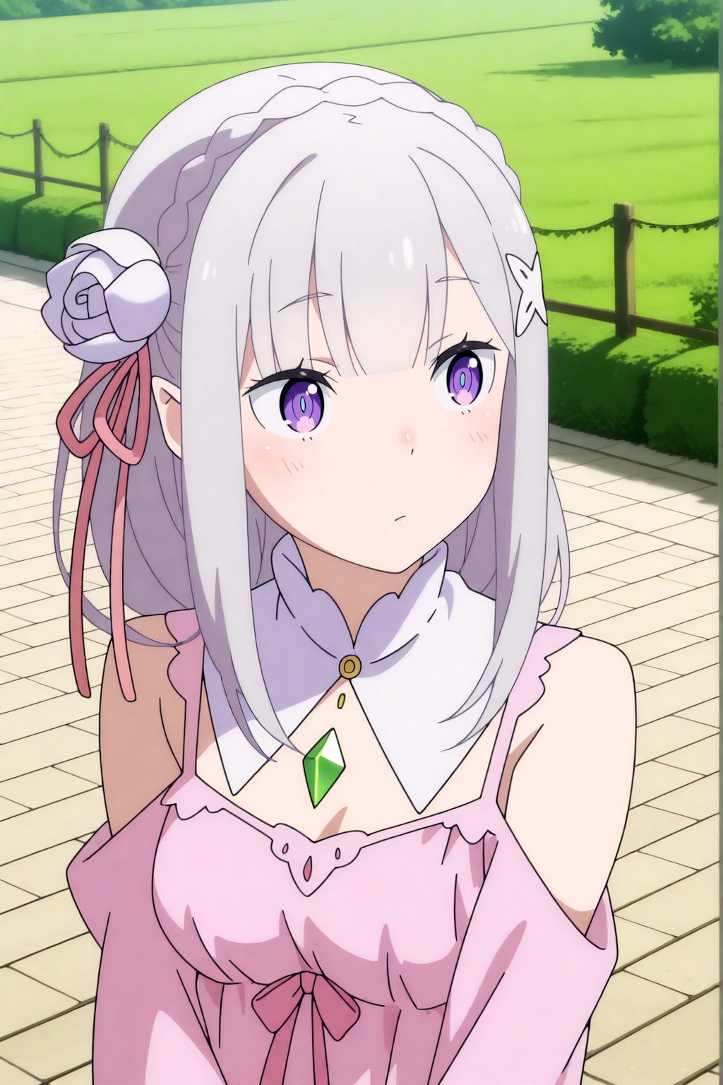 anime coloring, emilia, off-shoulder babydoll tunic, outdoors  <lora:Emilia-all outfits-illu:0.8>
