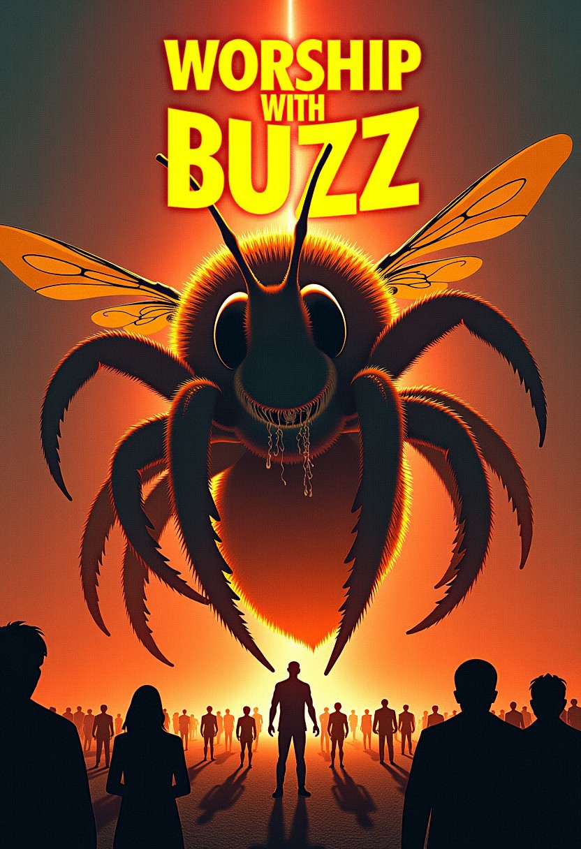 movie poster with text "Worship with Buzz", The giant horrifying bee octopus hybrid great old one god swallowing humans in the all-consuming rage spreading the inevitable existential horror