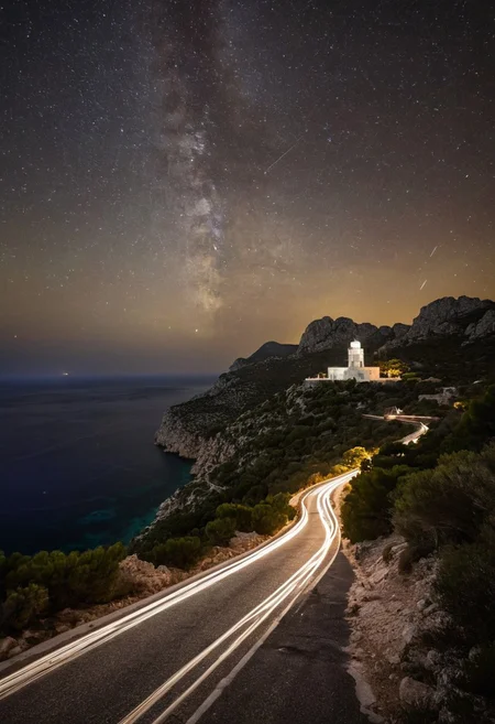 Long exposure photography capturing Formentor lighthouse in Mallorca,
1893 construction with modern car headlights creating snaking trails,
Mediterranean ambiance,
ancient stars adding to the illumination,
low season ambiance with closed road,
year-round accessibility via foot,
bike,
or shuttle,
northernmost cape of Mallorca featuring historical architecture,
summertime congestion prevention,
in natural light,
ultra clear,
dramatic lighting.