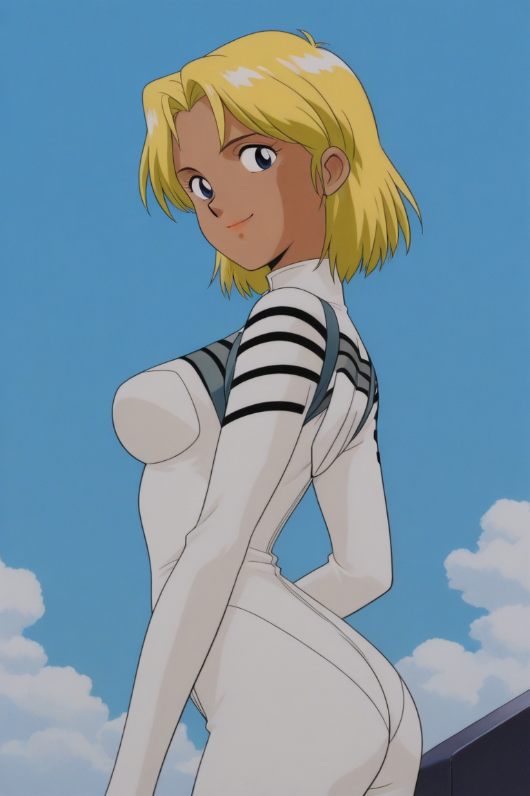 masterpiece, best quality, source_anime,official art,perfect_anatomy,1990s_\(style\),retro_artstyle,1girl,Electra,blonde_hair,dark_skin,short hair,bodysuit,pilot suit,breasts,(beautiful detailed face,looking_at_viewer,smile),cowboy shot,from side,ass,day,outdoor,sky,cloud