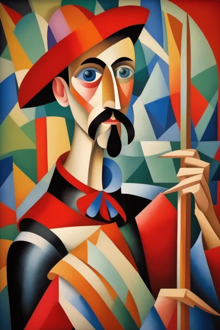 <lora:Jean Metzinger Style:1>Jean Metzinger Style - Don Quixote from Miguel de Cervantes' novel Don Quixote colourful portrait, in the style of artist Tamara de Lempicka
