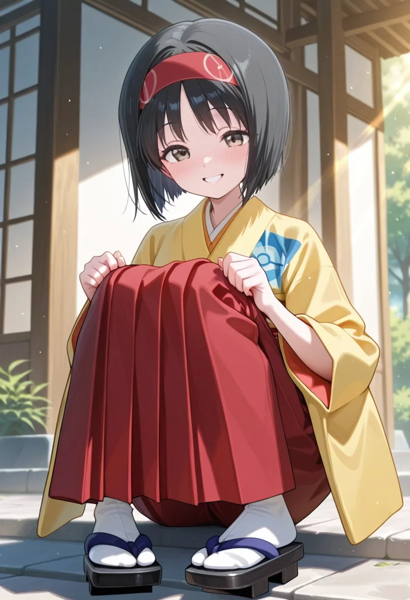 1girl, nsfw, erika, black hair, red hairband, short hair, brown eyes, yellow kimono, hakama, red hakama, long sleeves, wide sleeves, (cute expression, cute smile, tilted head) BREAK dynamic view, dynamic cute pose, feet focus, foot up, knees up, white tabi, geta, adjusting leg wear, dainty feet, BREAK outdoors, detailed background, colorful, vibrant colors, soft lighting, lighting rays, glowing particles, volumetric lighting, soft shading, rich detailing, official art, BREAK detailed eyes, detailed clothes, soft skin texture, high-arched feet, delicate legs, large calf, (masterpiece:1.4, best quality:1.4, amazing quality, newest, very aesthetic:1.4, ultra-detailed, absurdres, 4k)