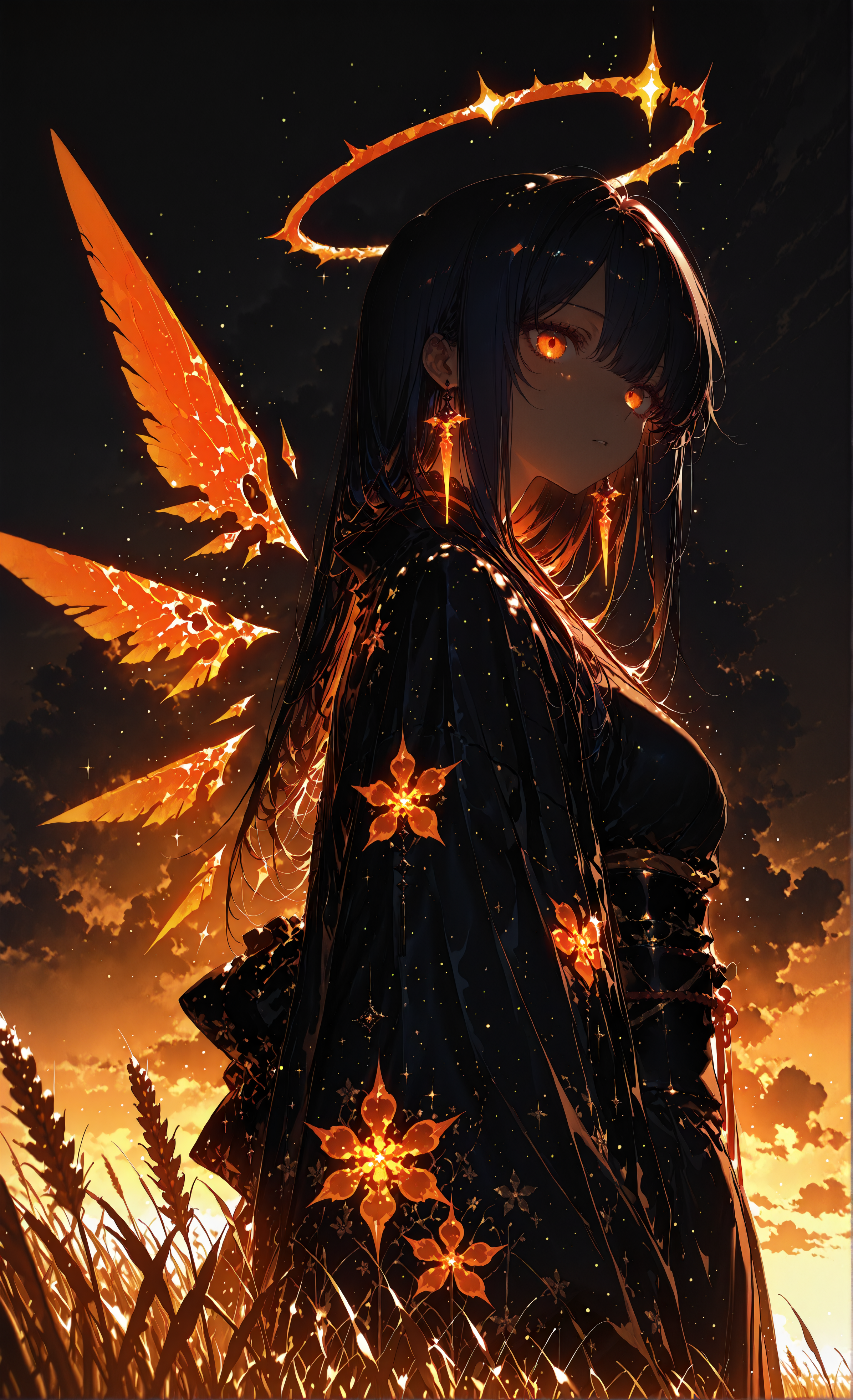 masterpiece, sharp detail, intricate detail, 1girl, (rella, konya karasue), dark blue hair, orange tips, vivid orange eyes, looking at viewer, expressionless, parted lips,  straight hair, glowing orange halo, detached wings, orange crystal wings, gradient detached wings, straight hair, medium breasts, arknights style, kimono, floral print, outdoors, cloud, volumetric lighting, wheat field, from below, from side, BREAK partially illuminated face, chiaroscuro, volumetric lighting, dappled light, dramatic shadows, cinematic lighting, detailed background, light and shadow contrast, <lora:aboba_prime_3:0.8>, <lora:darkness_xl_v20:0.3> <lora:DK_glowing_style:0.6>, glowing particles, light particles, <lora:Bright_style:0.6> Bright_illu, sparkle,