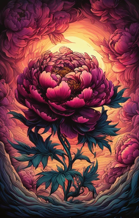 masterpiece,best quality,<lora:tbh160-sdxl:0.9>,illustration,style of Dan Mumford decaying peonies