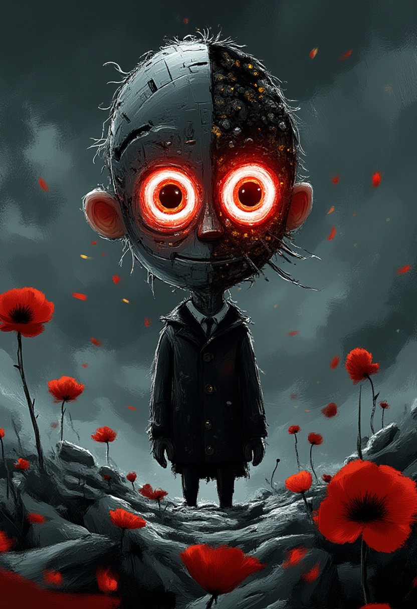 A whimsical illustration of a tall metallic figure with enormous glowing crimson eyes in dark whimsical art style, half of its face revealing chrome endoskeleton with exposed mechanical parts, wearing a tattered black leather jacket, digital painting with industrial brushstrokes showing battle-worn metal textures and gleaming chrome, dark stormy background with floating embers and sparks from damaged circuits, characteristic Tim Burton inspired design with asymmetrical face - one side human-like with stretched features, the other mechanical with exposed gears and wires, eyes blazing like laser beams in the darkness, standing among crushed metal and scattered red poppies that reflect the glow of its eyes