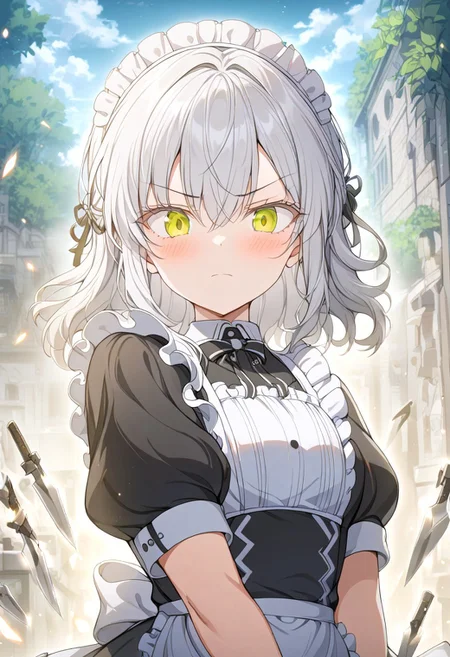 ybyg,1girl, solo, maid headdress, maid, apron, short sleeves, dress, closed mouth, white apron, looking at viewer, maid apron, puffy short sleeves, frills, puffy sleeves, black dress, frilled apron, hair between eyes, outdoors, blush, throwing knives, knives, serious face, upper body, masterpiece, best quality, very aesthetic, absurdres