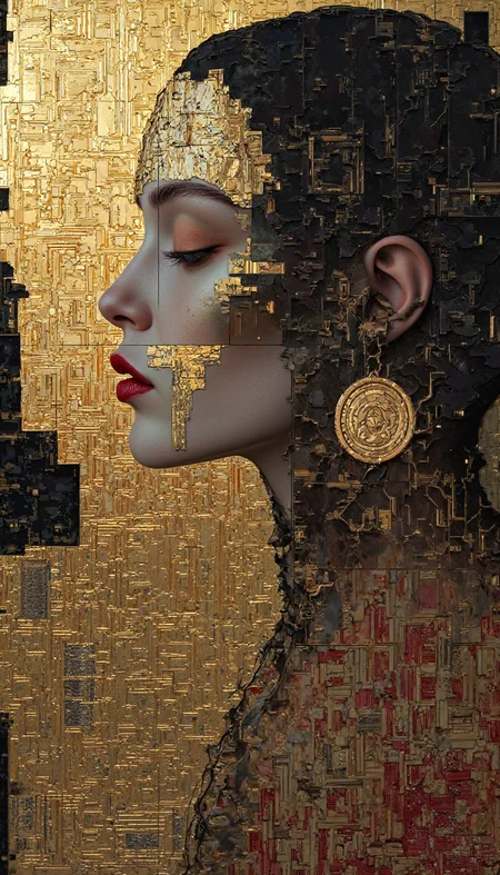 A woman's profile, hyperrealistic portrait, with a gold-leaf, geometric, abstract background.  Dark hair frames her face.  Her eyes are closed, lips painted a deep red.  Warm, golden-yellow tones dominate the backdrop, interspersed with dark, almost black geometric shapes and patterns reminiscent of circuit boards or fragmented documents, overlaid with gold leaf accents.  A mix of textures - smooth skin on face and neck contrasts with the rough, layered surface of the background.  The woman's expression is serene and introspective.  Jewelry earrings are noticeable, and makeup application is highly detailed.  The style is somewhere between a modern portrait and a digital collage.  Use rich, saturated colors.  Emphasis on the interplay between the smooth, realistic figure and the fragmented background texture. <lora:flux.1_lora_flyway_Epic-detail_v2:1>