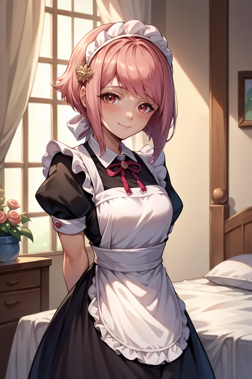 score_9, score_8_up, score_7_up, score_6_up, source_anime, 1girl, solo, <lora:fesakura-pdxl-nvwls-v1-000008:1> defSaku, pink hair, short hair, maid headdress, maid dress, black dress, apron, arms behind back, blush, looking at you, smile, bedroom