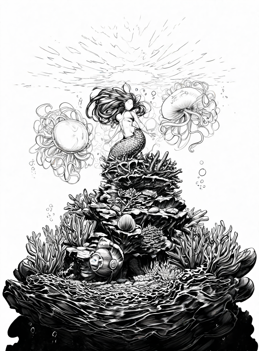 (masterpiece, best quality, high quality, highres), very awa, highres, absurdres, very aesthetic, newest, 1girl, mermaid, underwater scene, coral reef, colorful fish, flowing hair, shimmering scales, sunlight filtering, seashell accessories, graceful pose, deep ocean background, glowing jellyfish, soft bubbles, enchanted sea life, dreamy composition, <lora:Inked_IL_Style-000003:1> 1nk, monochrome, greyscale, simple background, white background