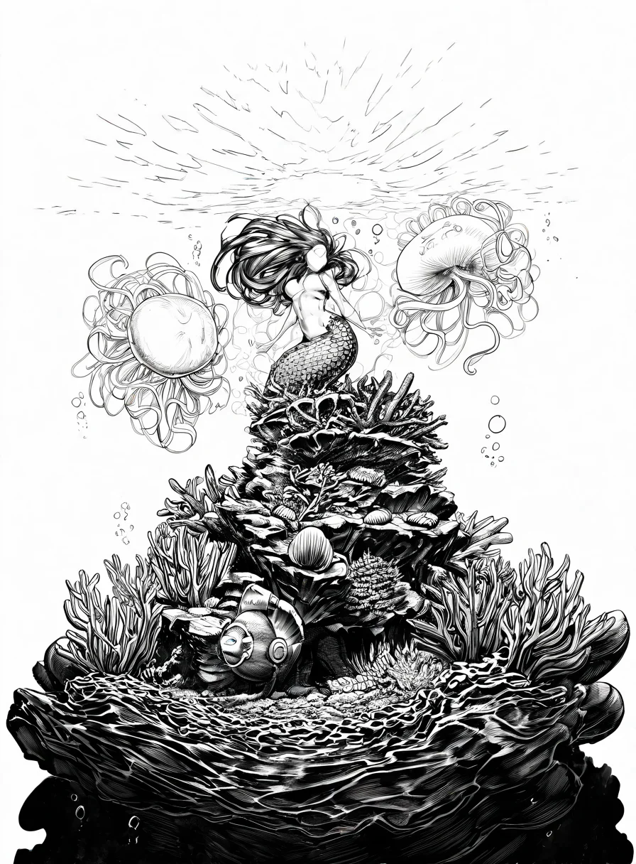 (masterpiece, best quality, high quality, highres), very awa, highres, absurdres, very aesthetic, newest, 1girl, mermaid, underwater scene, coral reef, colorful fish, flowing hair, shimmering scales, sunlight filtering, seashell accessories, graceful pose, deep ocean background, glowing jellyfish, soft bubbles, enchanted sea life, dreamy composition, <lora:Inked_IL_Style-000003:1> 1nk, monochrome, greyscale, simple background, white background
