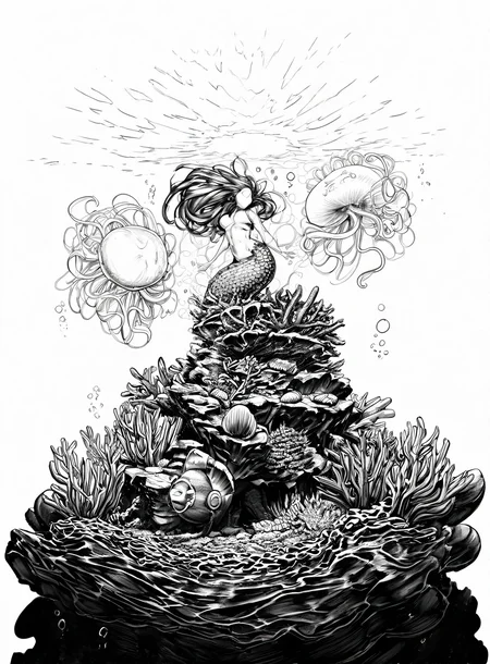 (masterpiece, best quality, high quality, highres), very awa, highres, absurdres, very aesthetic, newest, 1girl, mermaid, underwater scene, coral reef, colorful fish, flowing hair, shimmering scales, sunlight filtering, seashell accessories, graceful pose, deep ocean background, glowing jellyfish, soft bubbles, enchanted sea life, dreamy composition, <lora:Inked_IL_Style-000003:1> 1nk, monochrome, greyscale, simple background, white background