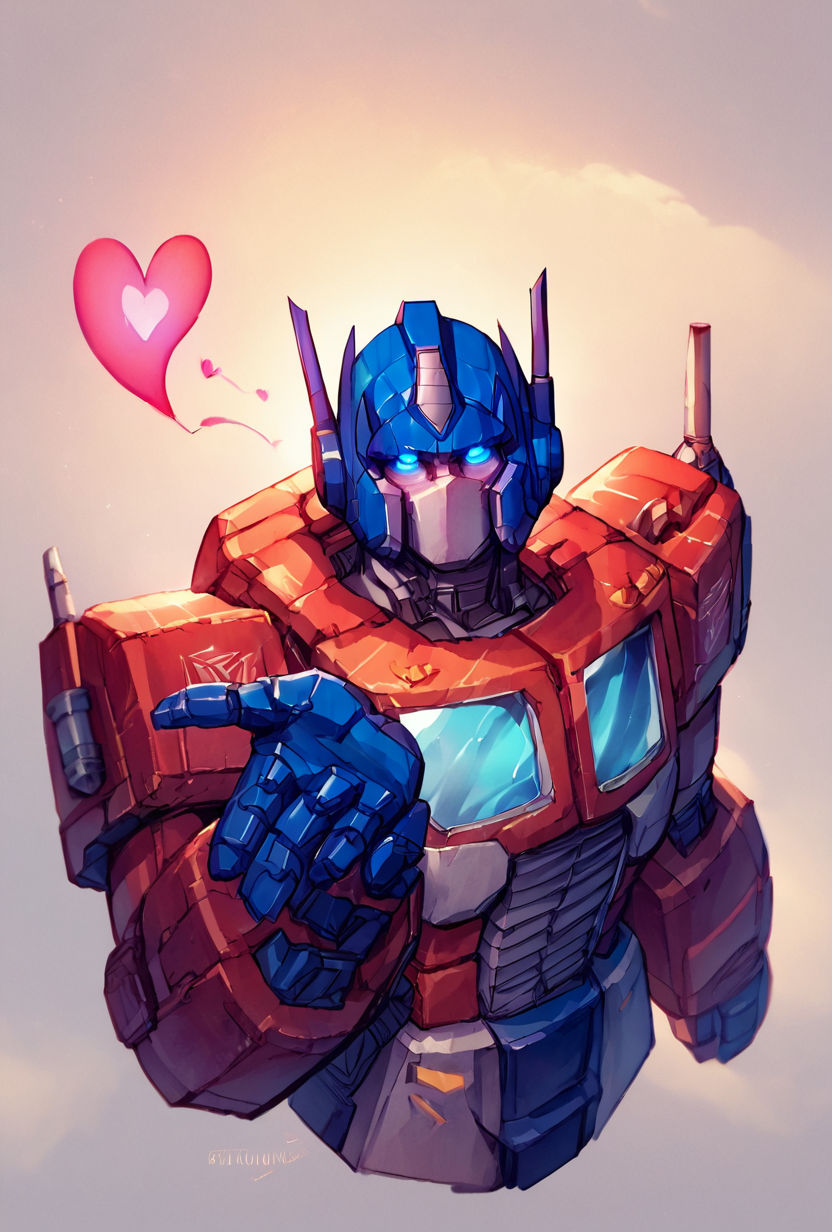 score_9, score_8_up, score_7_up,,  good quality ,, character focus, solo, , best quality  <lora:optimus-10:1.2>  optimus, solo, simple style, glowing blue eyes,  <lora:frieren_blowing_a_kiss_pony:1> blowing kiss, heart