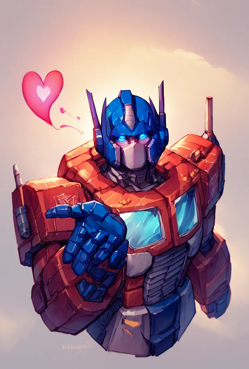score_9, score_8_up, score_7_up,,  good quality ,, character focus, solo, , best quality  <lora:optimus-10:1.2>  optimus, solo, simple style, glowing blue eyes,  <lora:frieren_blowing_a_kiss_pony:1> blowing kiss, heart