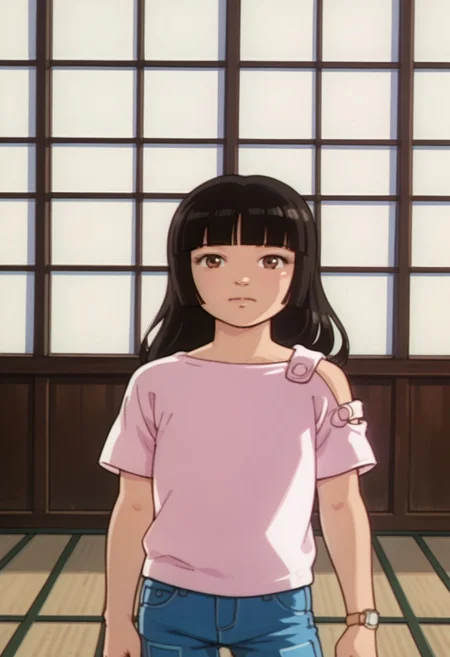 score_8, score_8_up, score_7_up, 1girl, female focus, solo, Atsuko_IG, brown eyes, asian, black hair, long hair, blunt bangs, flat chest, Asymmetrical clothes, Asymmetrical sleeves, t-shirt, white shirt, wristwatch, jeans, blue pants, denim, cowboy shot, looking at viewer, v, indoors, shouji, facing viewer, (from above:0.5), 1980s (style)