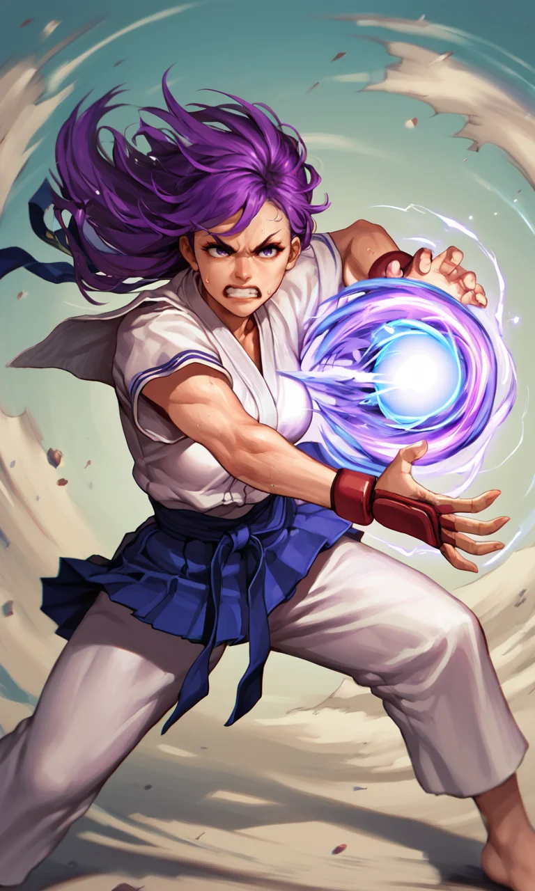 score_9_up, score_8_up, score_7_up BREAK, <lora:Hadouken:1> <lora:Balak_Style:0.7> Hadouken, kikoken, ((long purple hair)), fireball, energy ball, charging, woman, sweating, martial arts, school uniform, clenched teeth, fighting, energy, shockwave, colorful, action shot