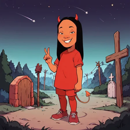 score_9, score_8up, score_7up, score_6up, solo, 1girl, Connie S KOTH, dark skin, black eyes, long hair, black hair, cowboy shot,
smug grin, big mouth, half-closed eyes, flat chest, short stack, standing, candy on the ground, full body, red shirt, red leggings, red shoes, devil horns, devil tail, peace sign,
outdoors, graveyard, tombstones, dead trees, starry night sky, fog, Halloween, leaning back, looking at viewer,