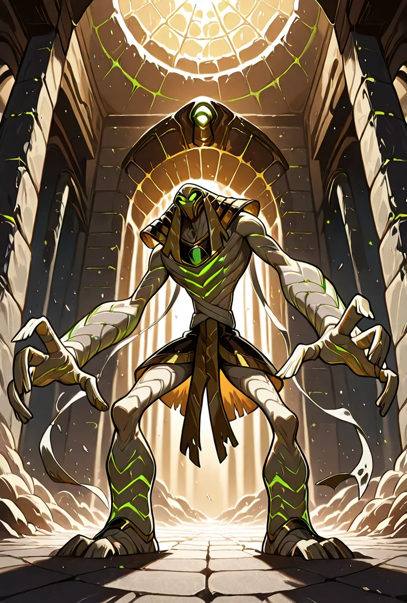 <lora:snareoh-07:1> snareoh, solo, male focus, no humans, 1boy, glowing eyes, green eyes, brown helmet, monster, mask, egyptian clothes,mummy bandages, mummy, massive hands,  Cartoon, dynamic pose, inside egytpian temple, acient ruins,, masterpiece, best quality, amazing quality, very aesthetic, absurdres, newest,
