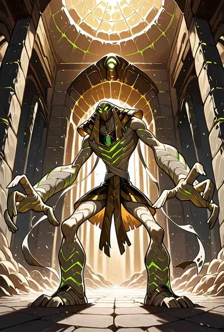 <lora:snareoh-07:1> snareoh, solo, male focus, no humans, 1boy, glowing eyes, green eyes, brown helmet, monster, mask, egyptian clothes,mummy bandages, mummy, massive hands,  Cartoon, dynamic pose, inside egytpian temple, acient ruins,, masterpiece, best quality, amazing quality, very aesthetic, absurdres, newest,