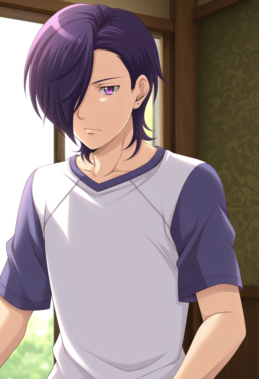 masterpiece, best quality, intricate details, (photorealistic:0.6),, 1boy, solo, male focus, <lora:hanzou_urushihara_ilxl:0.96>, hanzou_urushihara, purple hair, purple eyes, hair over one eye, short hair, , white shirt, raglan sleeves, ,