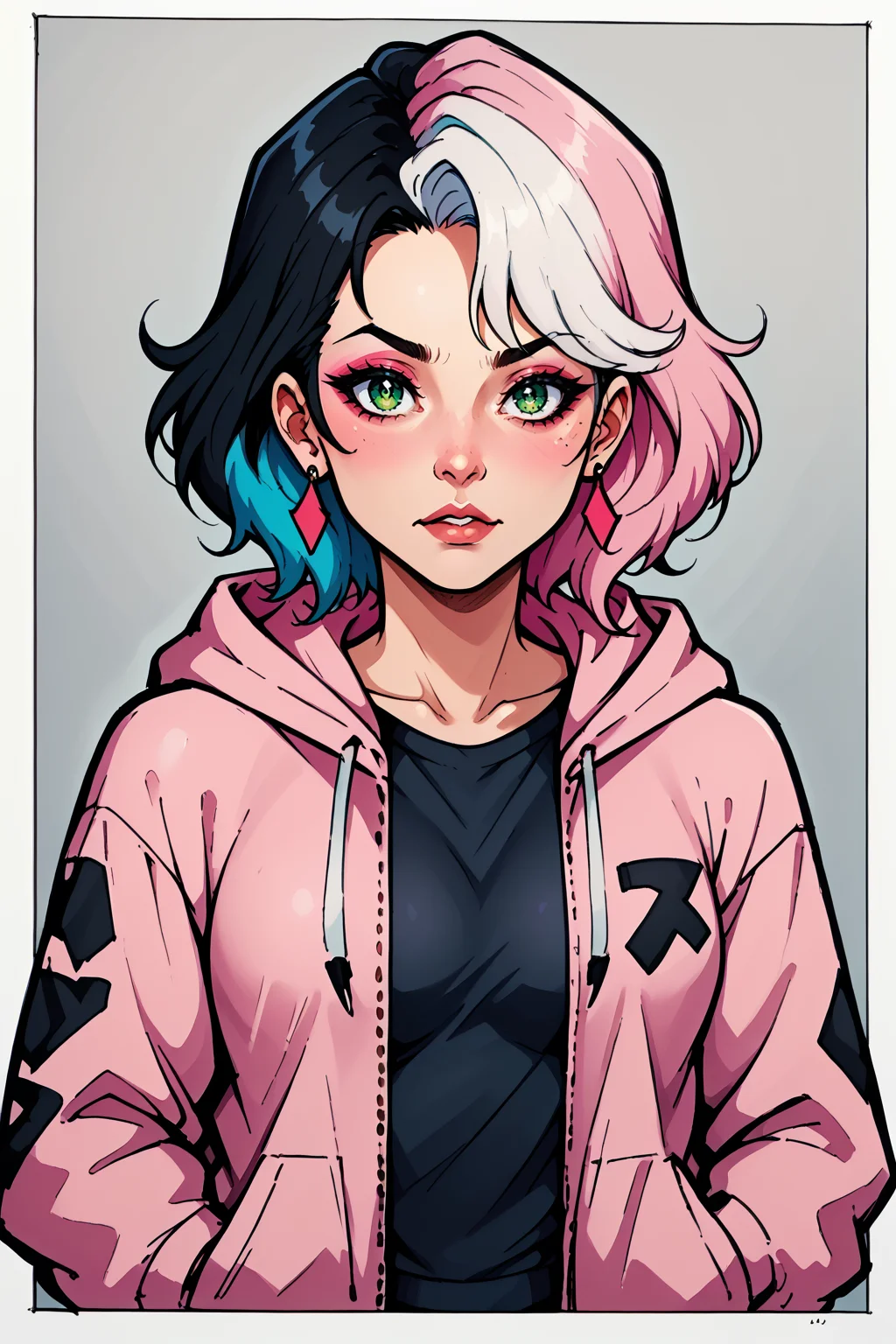 comistylepdxl, 1girl, solo, multicolored hair, jewelry, jacket, earrings, black hair, looking at viewer, pink jacket, pink hair, hood, upper body, blue hair, makeup, open jacket, hooded jacket, two-tone hair, grey background, open clothes, green eyes, white hair, multicolored clothes, hood down, PnyCmicXLPOS, ErthIllustPDXL_POS, <lora:ComicsV3PDXL:1>