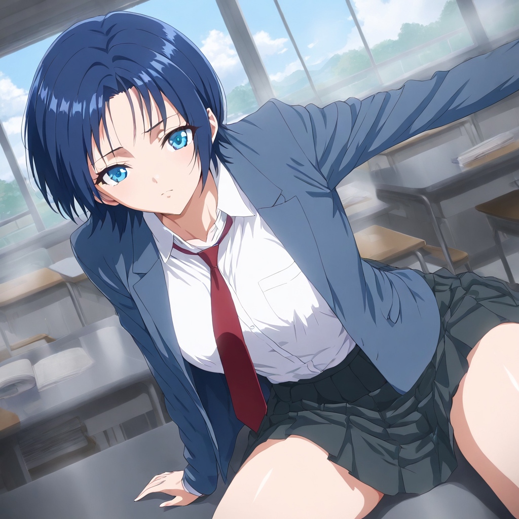 masterpiece,high score,great score,absurdres,looking at viewer,1girl,solo,school_uniform,skirt,<lora:Nakayama ag4o v1:1> nakayama, blue hair, short hair, blue eyes,