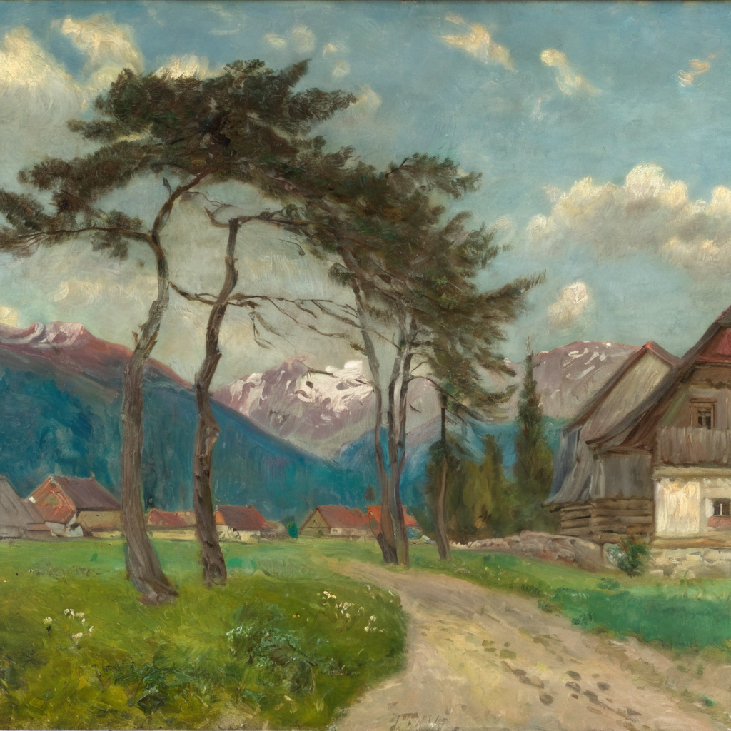 jchelmonski panorama of the village, path, trees in the background of the mountains <lora:jchelmonski:1>