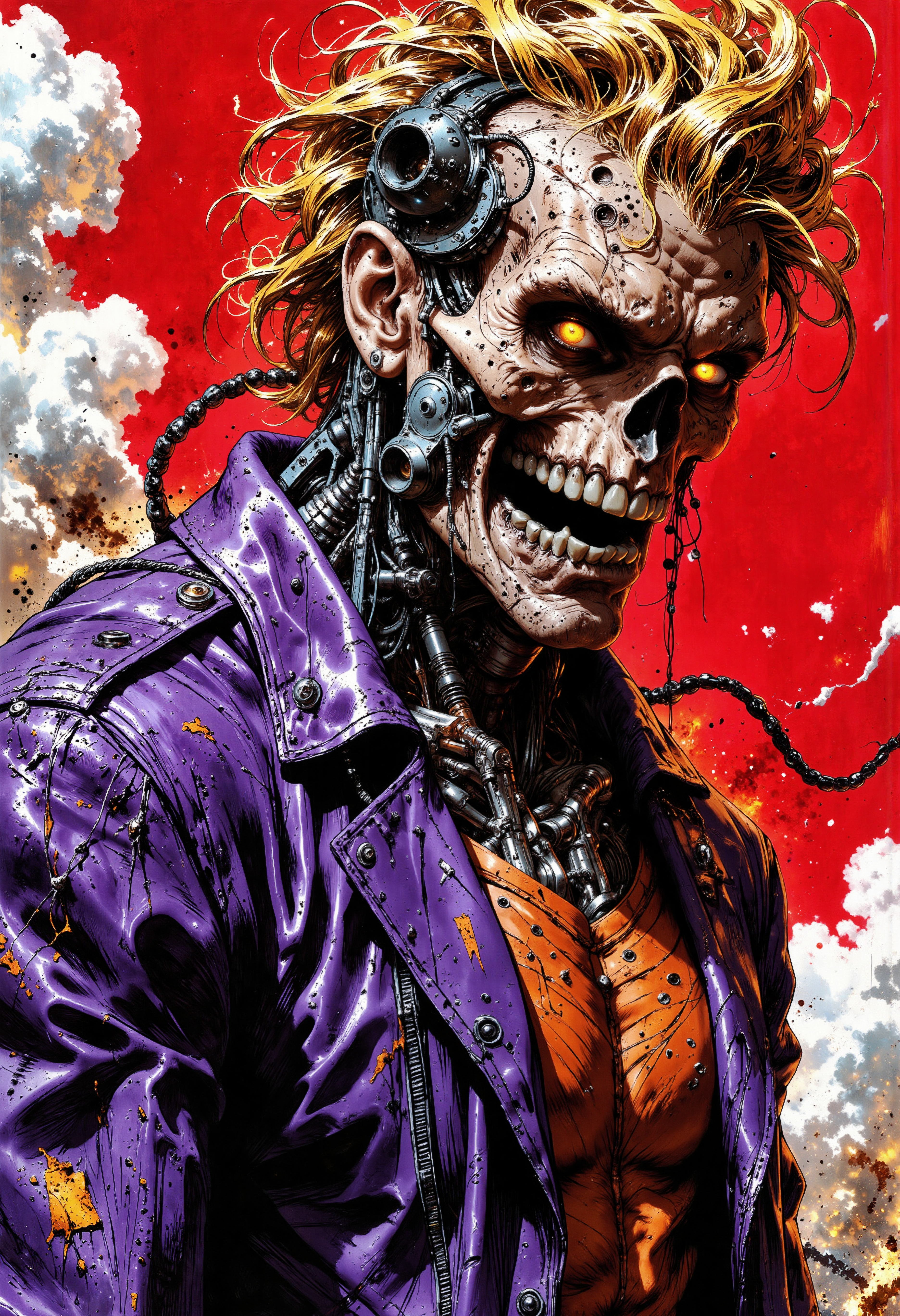 A vivid close-up of a futuristic, cybernetic figure with a skeletal face, glowing yellow eyes radiating an intense energy. The character has wild, metalic golden hair and metallic components integrated into the skull and neck, showcasing a blend of organic and mechanical features. Dressed in a bright purple leather jacket with a distressed texture, the background is a vibrant red with soft, abstract clouds and splashes of orange, adding depth and contrast. The aesthetics evoke a blend of comic book art and pop surrealism, highlighting intricate details in the robotic structure and a dramatic expression of shock or fury. The overall color scheme is bold and electric, enhancing the futuristic and rebellious vibe of the character., bo-abyss, B&W<lora:Flux/Wraith_BW_Flux.safetensors:0.6:0.6> <lora:Flux/boFLUX-digital-abyss.safetensors:0.5:0.5> <lora:Flux/MysticFantasy.safetensors:1.0:1.0>