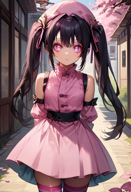 score_9, score_8_up, score_7_up, score_6_up, score_5_up, score_4_up, source_anime BREAK 1girl, solo, outdoors, street, cherry blossoms, cowboy shot, standing, leaning forward, looking at viewer, looking up, hands behind back, serafall, pink eyes, black hair, long hair, parted bangs, twintails, hair ribbon, pink ribbon, pink hat, black gloves, fingerless gloves, bare shoulders, black sleeves, detached sleeves, pink crop top, pink bowtie, pink skirt, dress, striped thighhighs, kyoukieyes